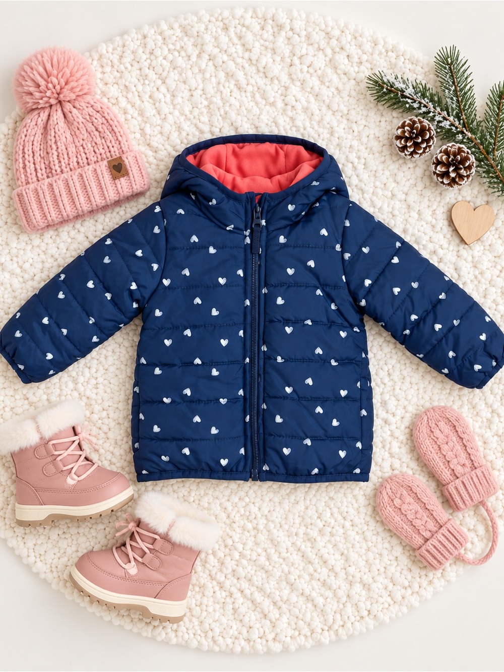 Carter’s Baby Girls 12M Navy Heart Print Winter Hooded Puffer Jacket